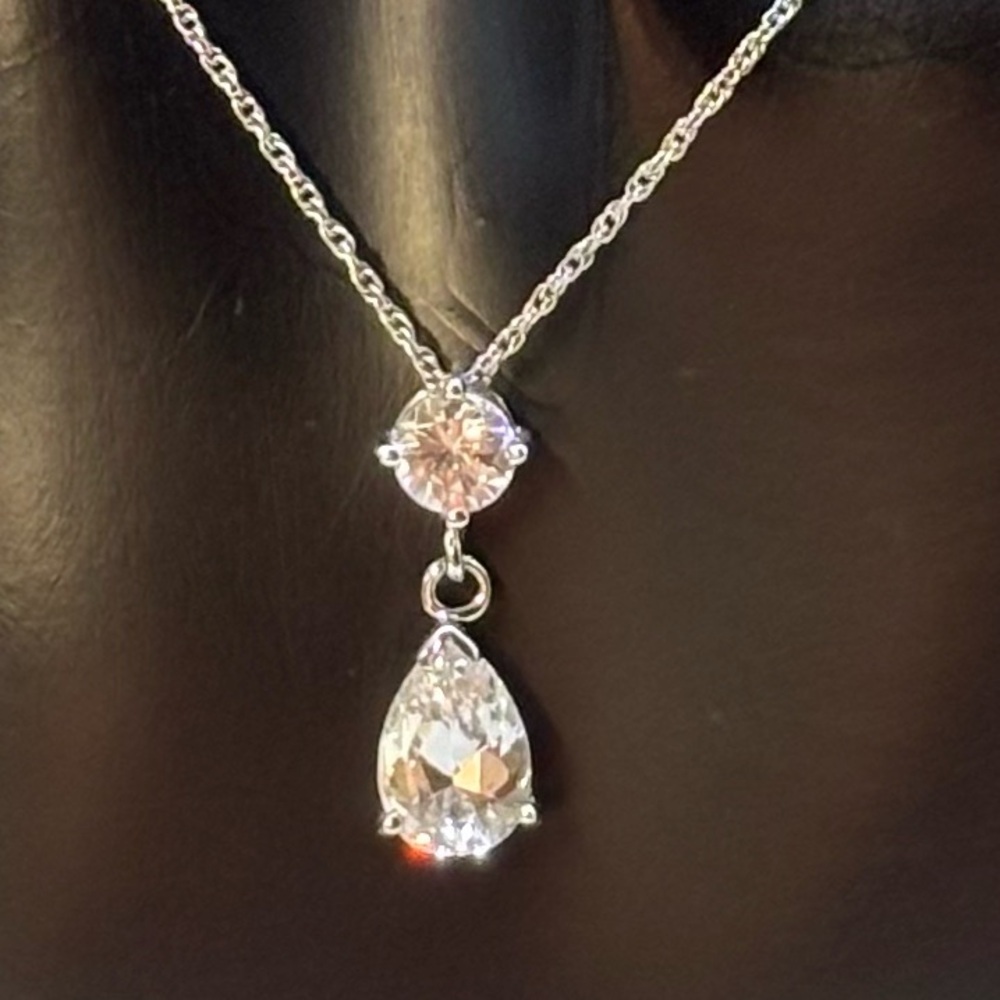 Diamonique Sterling Silver Tear Drop Pendant Necklace